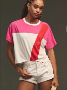 Anthropologie Pink, White & Red Colorblock Short Sleeve Tee